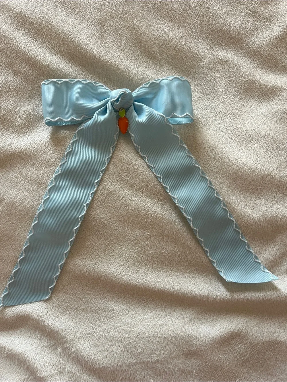 Light Blue Scalloped Ribbon Hair Bow with Orange Charm - Kids Accessories